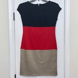 Black, White, and Gold vertical striped dress.